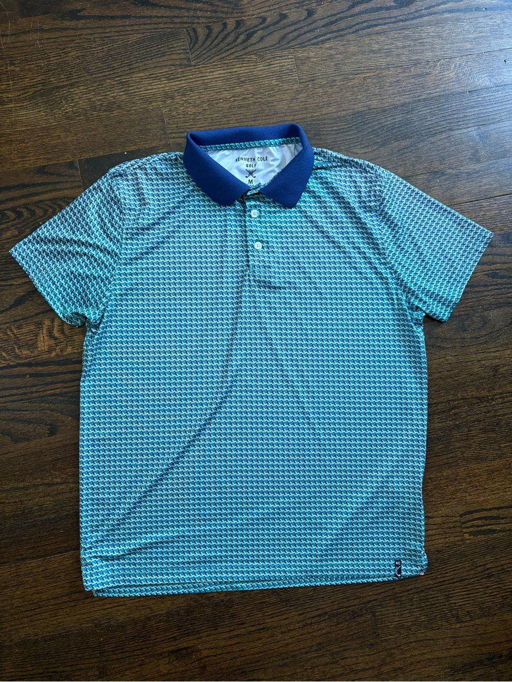 Kenneth Cole Golf Men’s Teal Patterned Polo with Navy Collar - Medium
